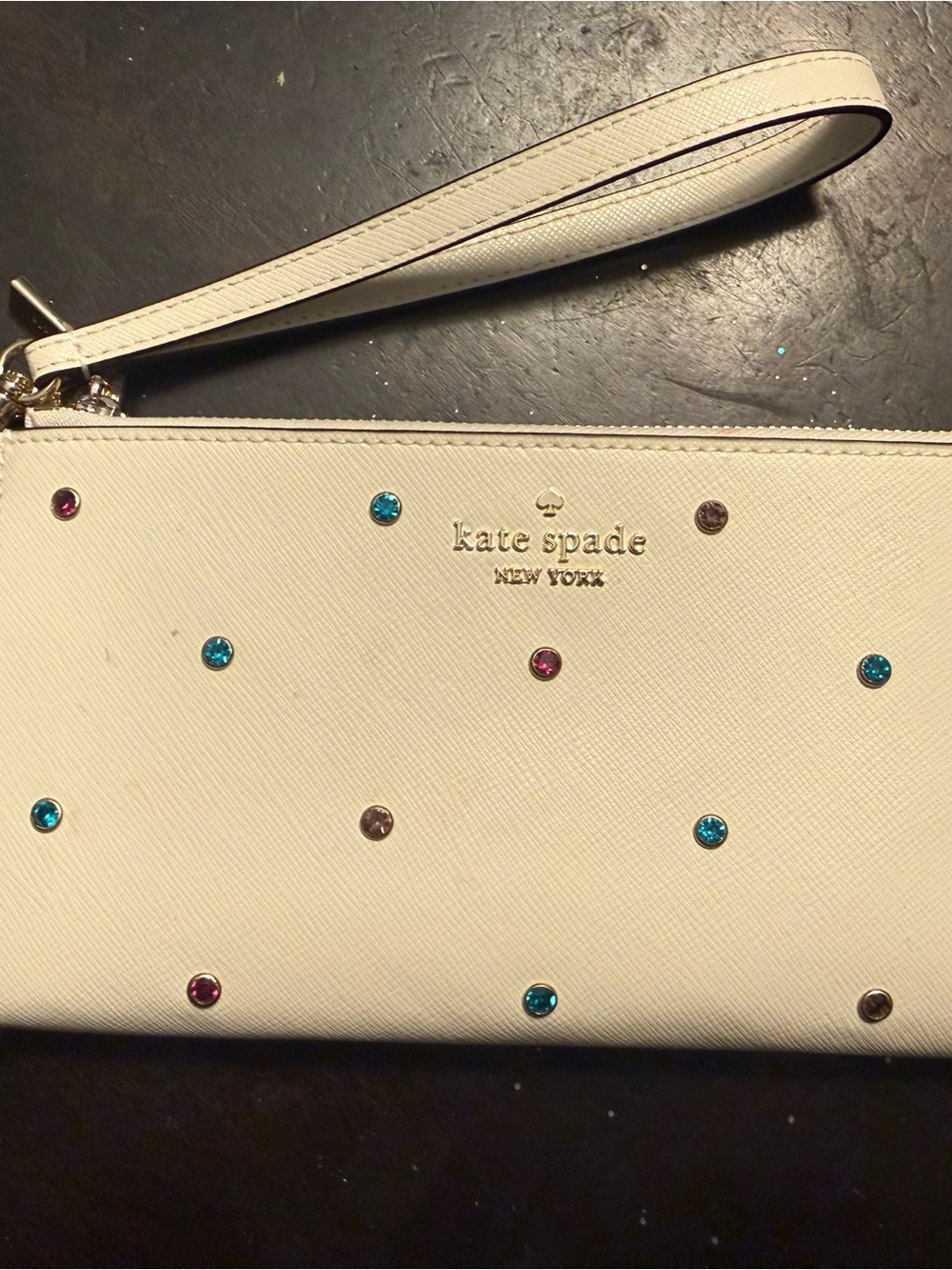 kate spade Cream Wristlet with Teal and Pink Gem Studs